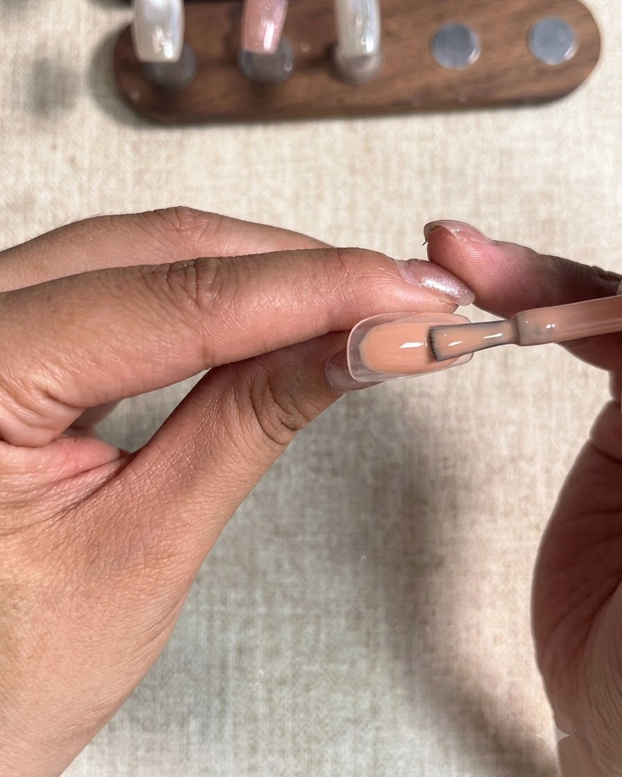 Primer plano de una mano usando un pincel de esmalte en gel para aplicar un color nude melocotón sólido y uniforme en un tip de uña transparente.