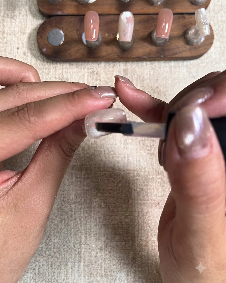 Un pincel aplicando una capa de top coat mate sobre un diseño de uñas de estrellas terminado.