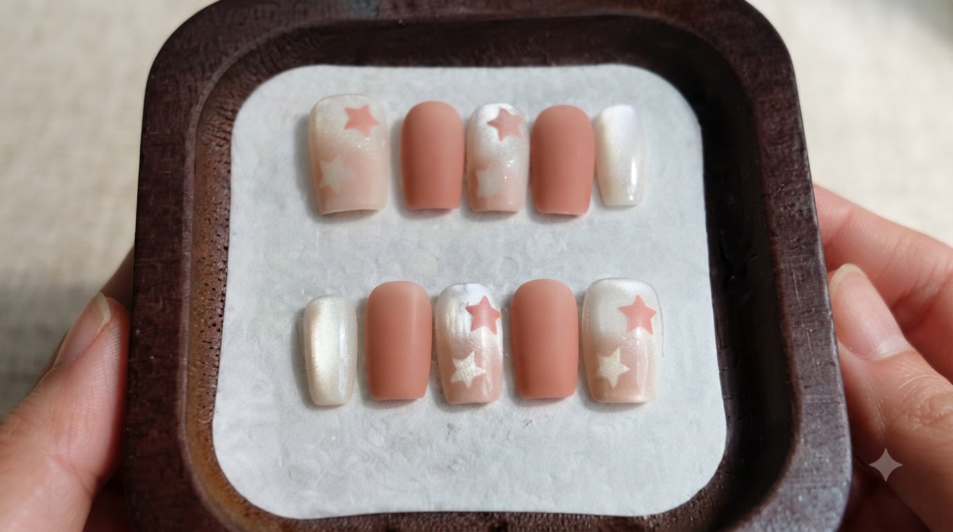 Uñas a Presión Mate Melocotón con Ojo de Gato y Estrellas — Tutorial Paso a Paso