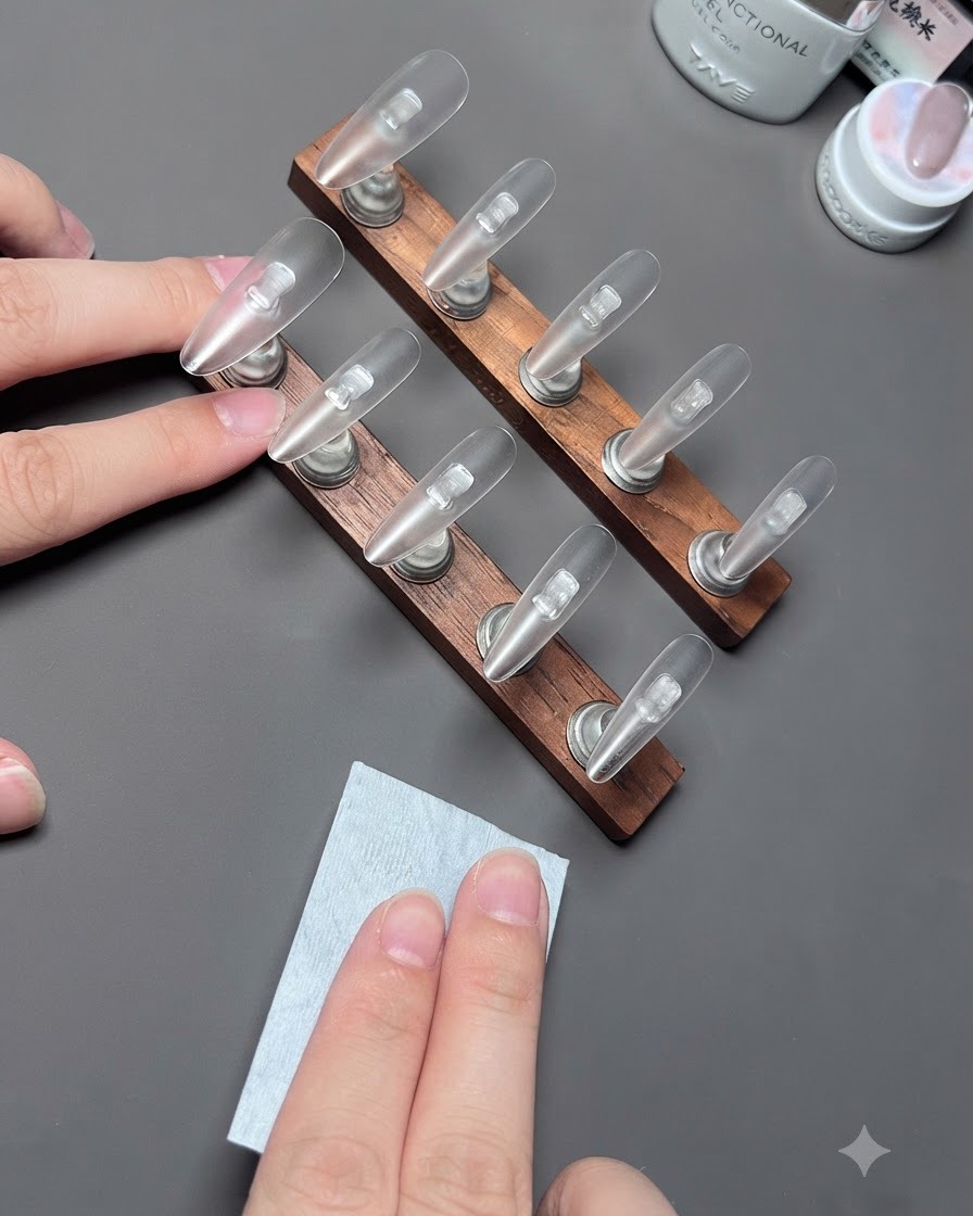 Una mano sosteniendo una gasa sin pelusa cerca de un soporte de madera que sostiene uñas postizas transparentes.