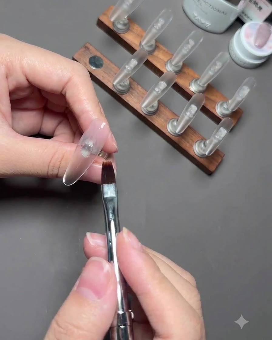 Un pincel de uñas difuminando esmalte en gel nude translúcido en la uña de un pulgar montada en un soporte.
