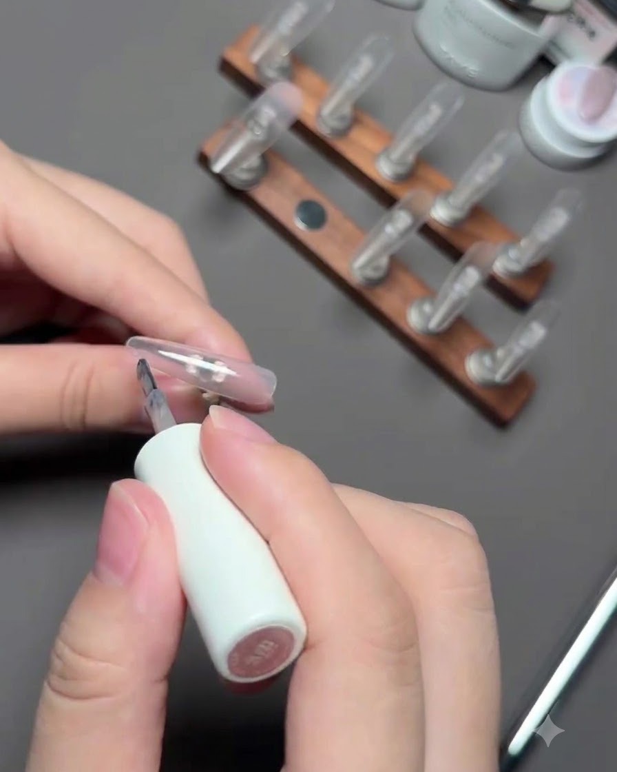 Un pincel aplicando gel de color nude en la uña del dedo índice en el soporte de exhibición.