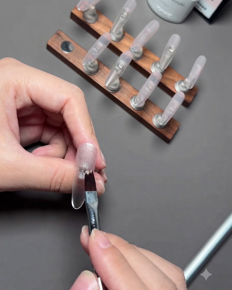 Un pincel aplicando gel cat eye plateado sobre una uña nude montada en un soporte de madera para uñas.