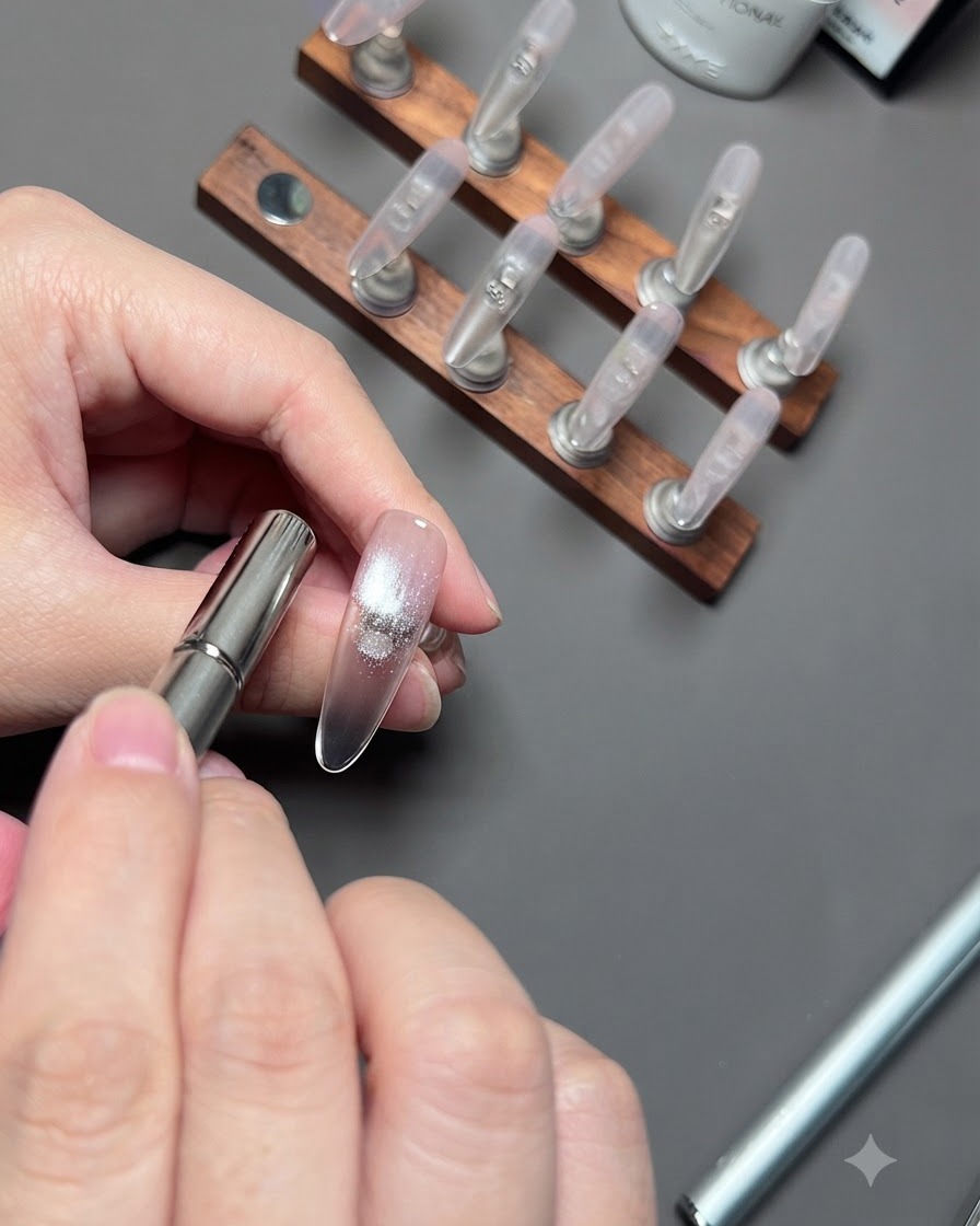 Una varita magnética cilíndrica sostenida cerca de la uña de un pulgar para concentrar el brillo cat eye plateado.