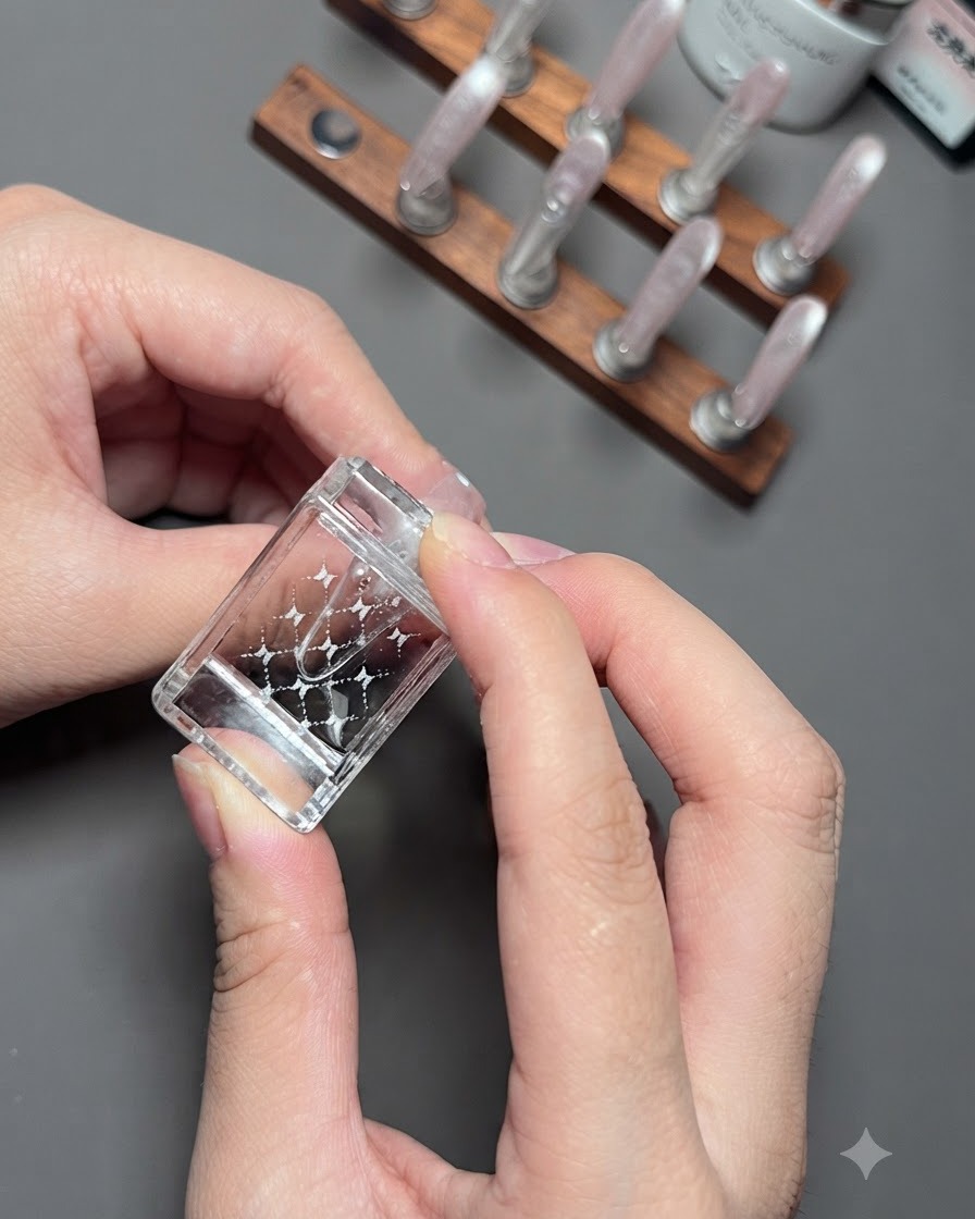 Una vista de cerca de manos presionando un sello de gelatina transparente sobre la uña de un pulgar para transferir un diseño de nail art de cuadros blancos.
