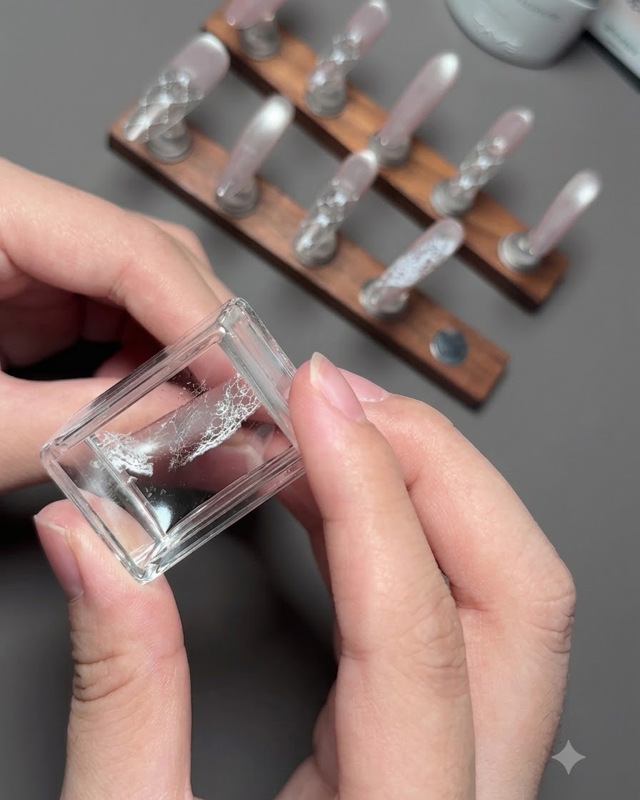 Una vista de cerca de un sello de uñas transparente que sostiene un diseño detallado de encaje blanco, con un soporte de exhibición de uñas al fondo.
