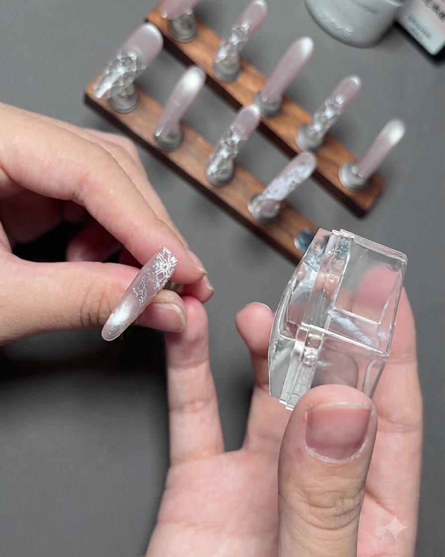 Una mano transfiriendo un delicado patrón de encaje blanco desde un sello transparente a una uña arreglada.