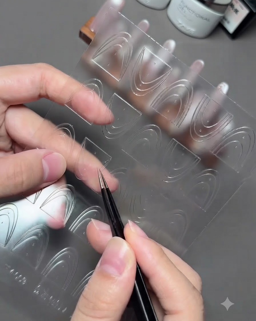 Un par de pinzas despegando una pegatina de guía francesa curva de una hoja de aplicación transparente.