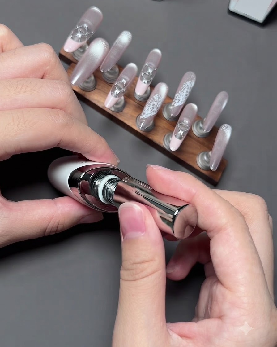Un pincel de uñas aplicando una capa brillante y transparente de gel de refuerzo sobre una uña decorada.