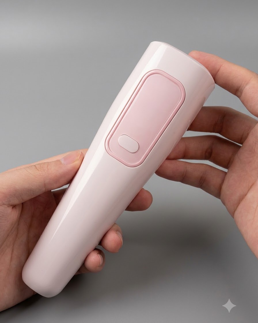 Una gran lámpara UV/LED de mano rosa sosteniéndose sobre un soporte de uñas para curar varias uñas a la vez.