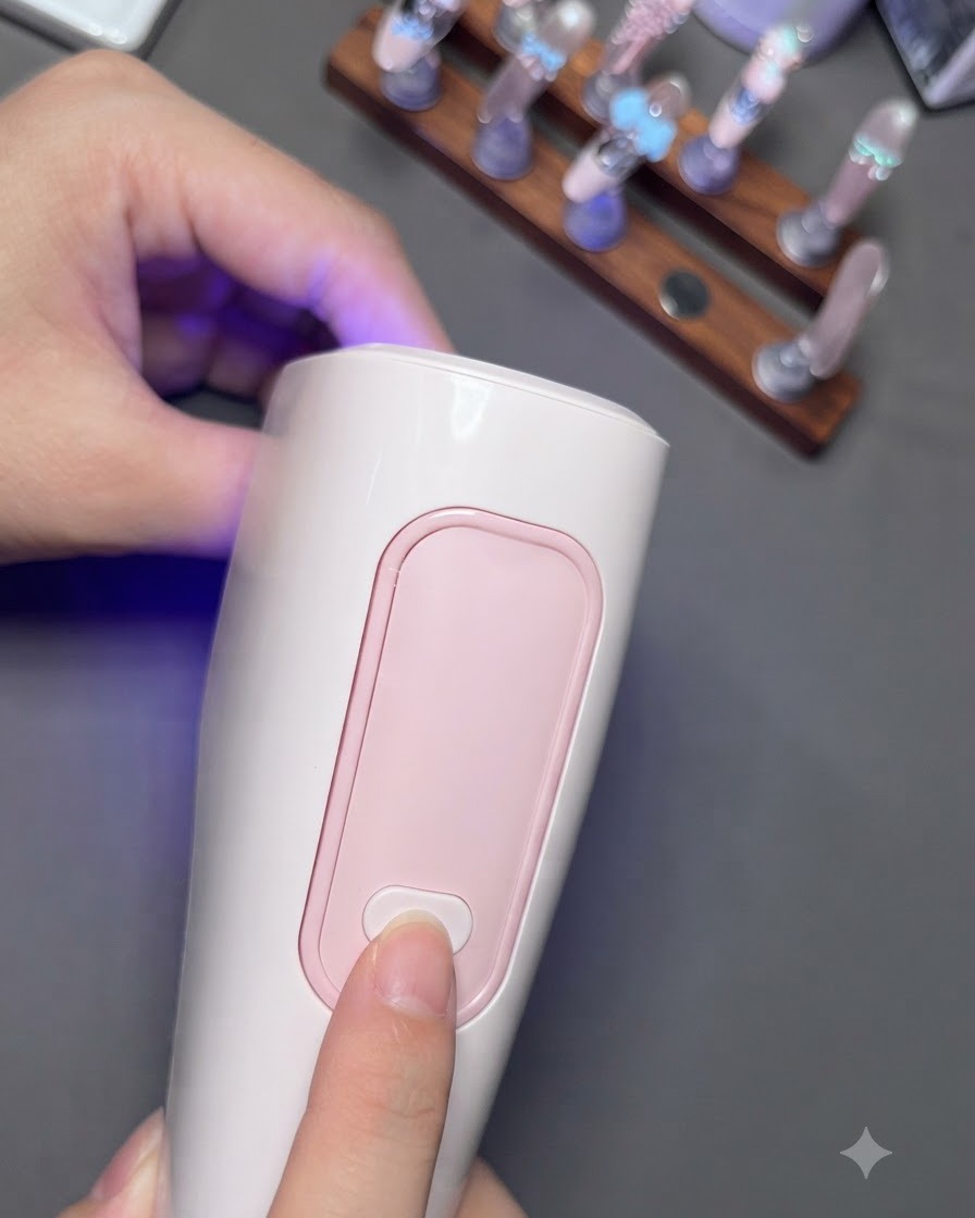 Un pincel de uñas aplicando una capa superior brillante con precisión sobre un dije 3D en una uña.