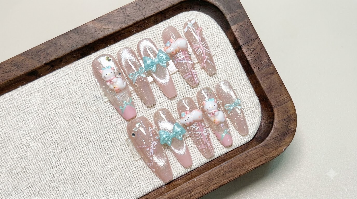 Diseño de Uñas Sea Salt Peach Kitty — Tutorial de Uñas Postizas Paso a Paso