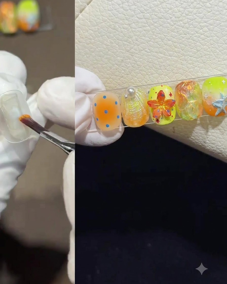 Una mano con guantes usando un pincel para aplicar una gota de esmalte de gel naranja en una punta de uña de práctica transparente.
