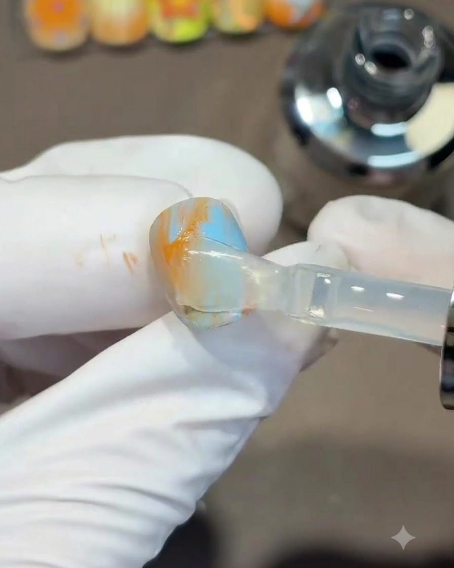 Un pincel aplicando una capa transparente de capa superior sobre una uña de gel con tonos naranja y azul mezclados.