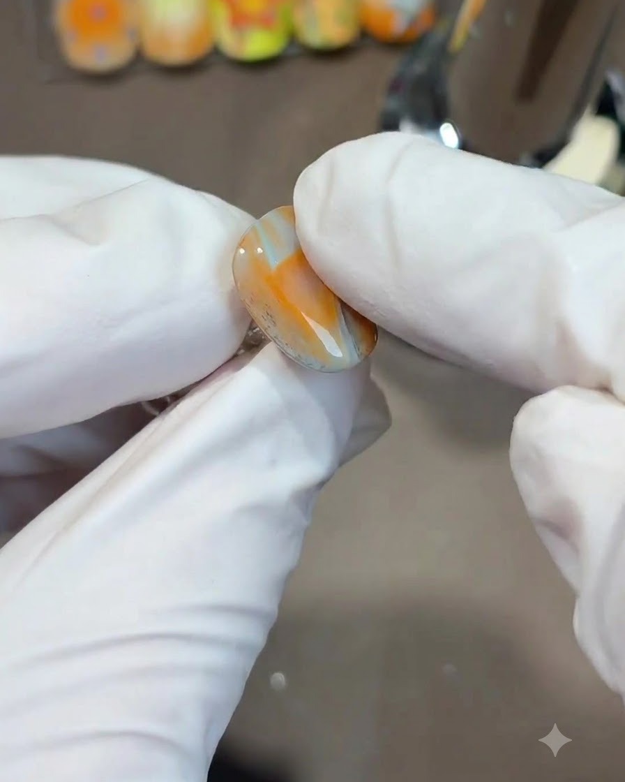 Dedos con guantes frotando polvo cromado de luz de luna naranja iridiscente sobre la superficie de una uña de gel lisa.