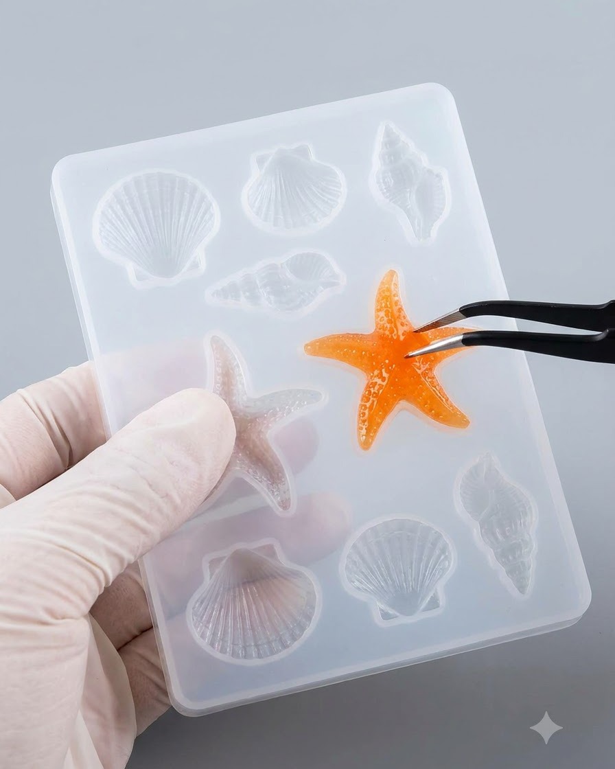 Un par de pinzas negras levantando una pieza curada de estrella de mar o flor naranja fuera de una bandeja de molde de silicona transparente.