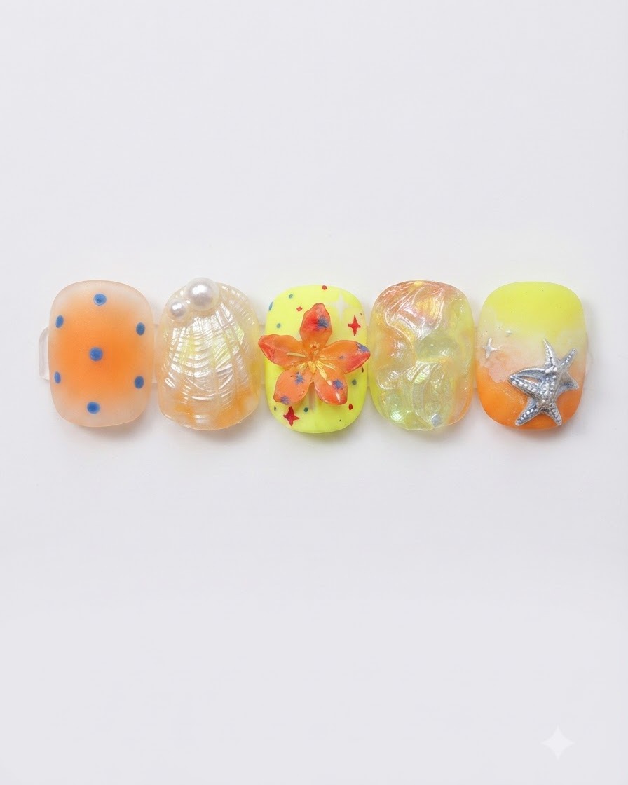 Una fila de cinco puntas de uñas postizas decoradas que muestran puntos naranjas, una textura de concha, una base amarilla con una flor naranja 3D, una textura abstracta iridiscente y un degradado amarillo con una estrella de mar 3D.