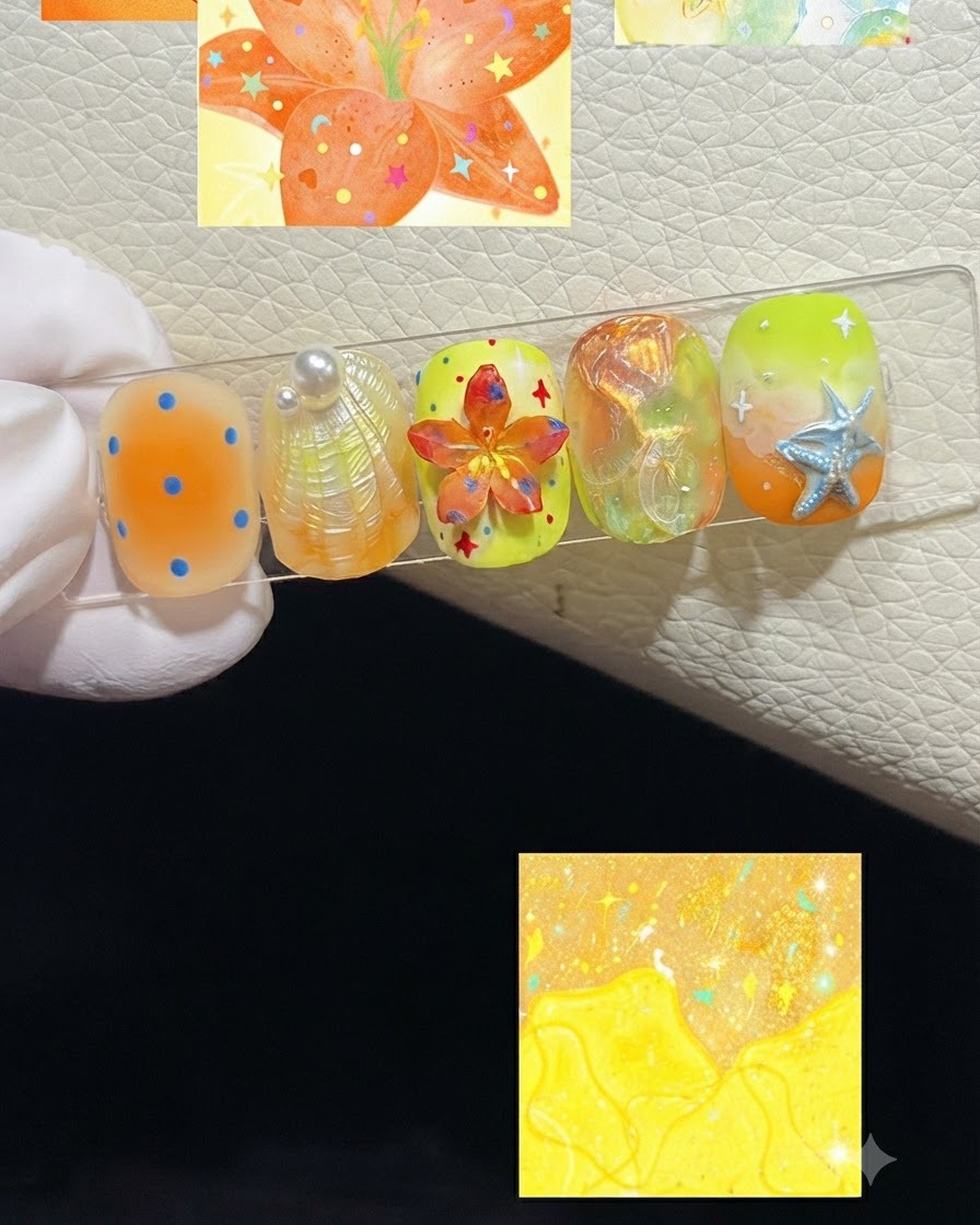 Una vista de cerca de un pincel fino añadiendo acentos amarillos de estambres en el centro de una pieza de arte de uñas de flor naranja 3D.