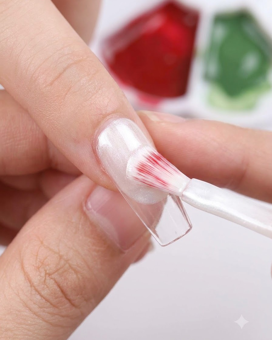 Una mano usando un pincel plano para aplicar gel blanco perlado brillante sobre un tip de uña transparente.