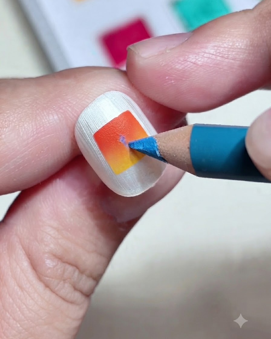 Un primer plano de un lápiz de color azul dibujando una fina línea vertical en una uña cuadrada con degradado naranja y amarillo.