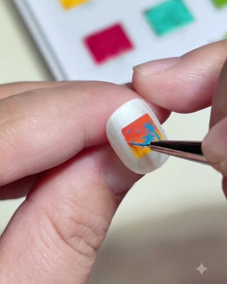 Un primer plano de un pincel de detalle pintando pequeñas palmeras y pájaros azules dentro de un diseño cuadrado de atardecer en una uña.