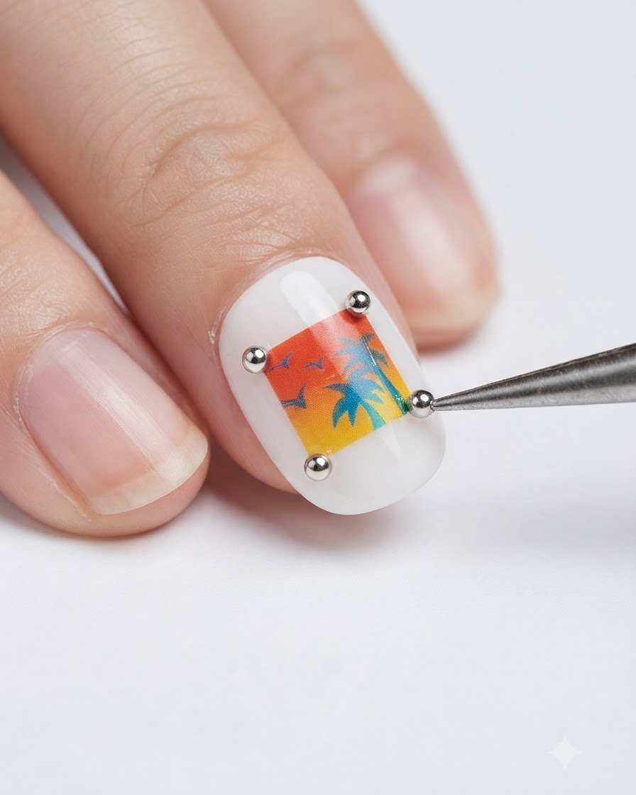 Un primer plano de unas pinzas colocando pequeños remaches de metal plateado en las esquinas de un diseño de uña de postal cuadrada.