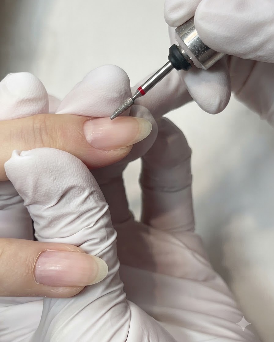 Un torno eléctrico con una fresa cónica fina de diamante limpiando cuidadosamente la zona de la cutícula de una uña natural.