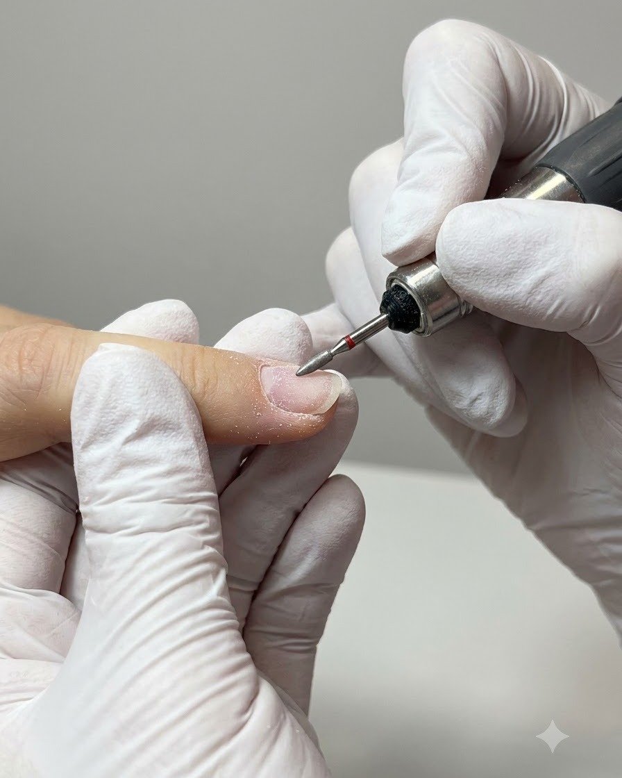 Un cepillo de cerdas suaves retirando el polvo blanco de las uñas preparadas.