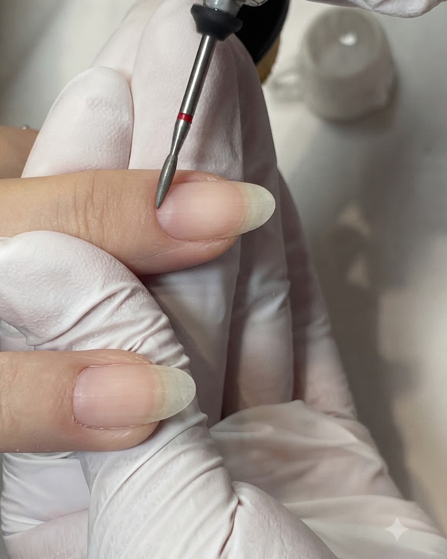 Primer plano de una uña natural limpia, lista para la aplicación de gel tras eliminar el polvo por última vez.