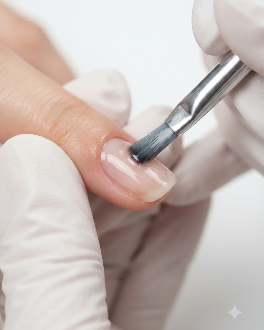 Uñas curándose bajo una lámpara UV y LED de luz violeta brillante.