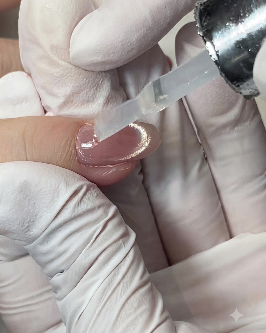 Una mano con guante sosteniendo el pincel aplicador sobre un bote de blooming gel color rosa melocotón.