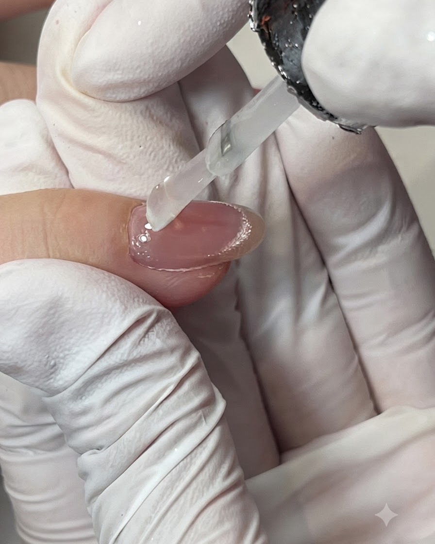 Una mano con guante aplicando esmalte en una esponja.