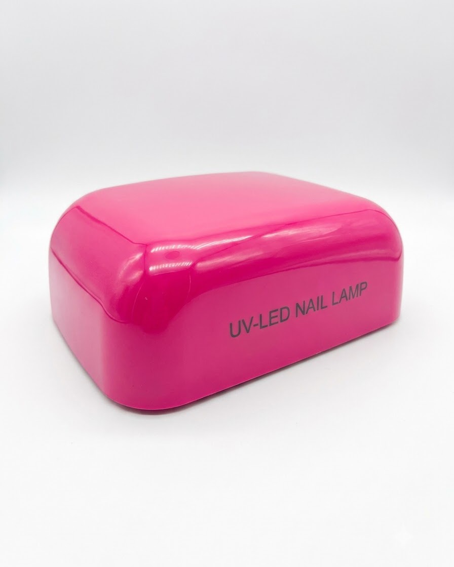 Una lámpara de uñas UV-LED rosa utilizada para curar capas de esmalte en gel durante un tutorial de manicura.