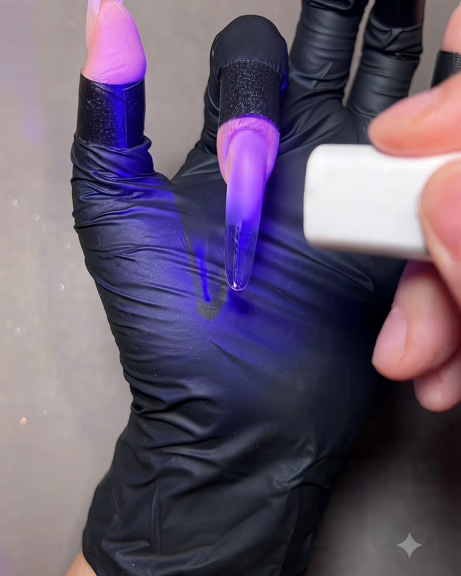 Un dedo con una extensión de uña transparente sostenido bajo la luz púrpura de una lámpara UV/LED portátil.