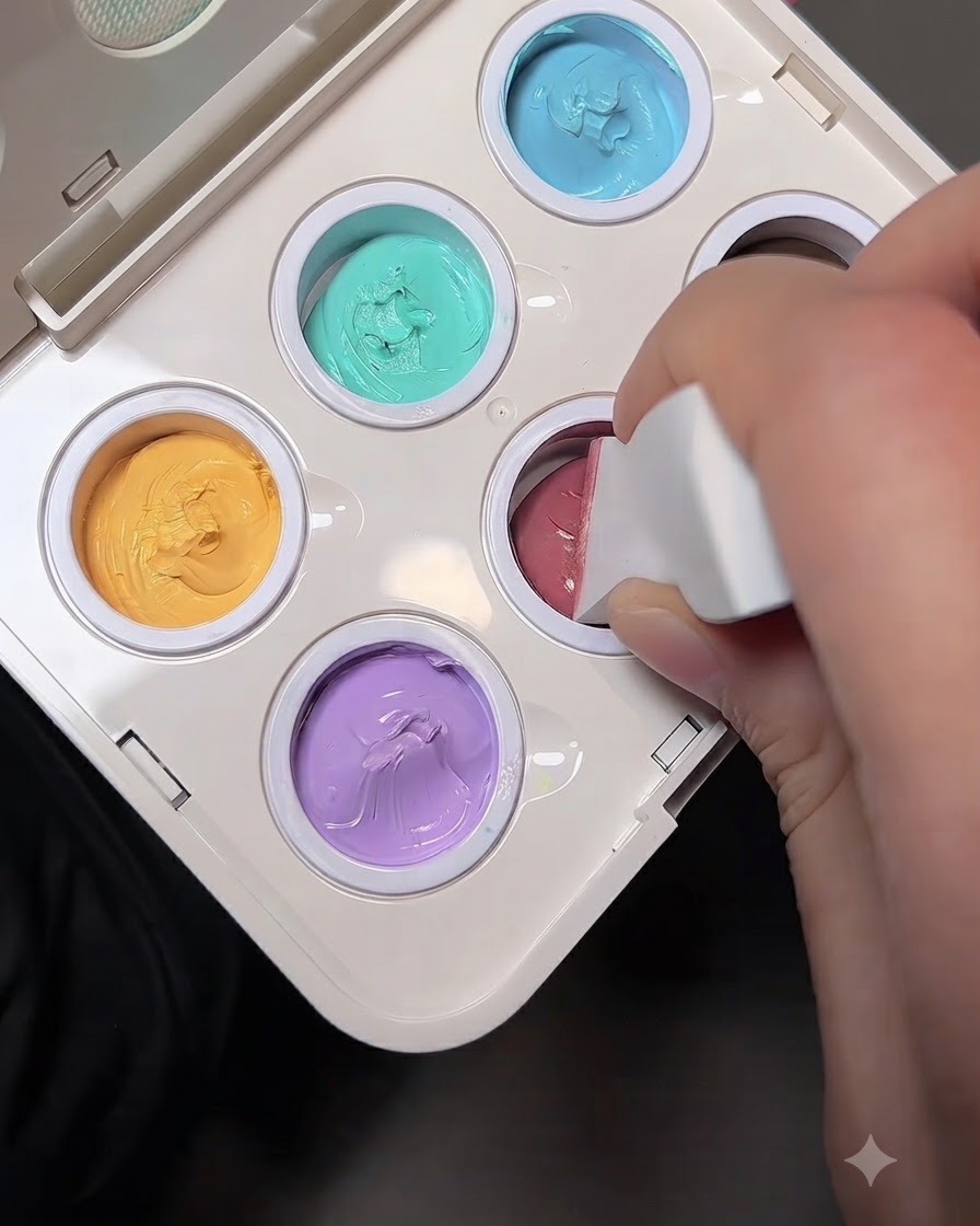 Una esponja de maquillaje de cuña blanca presionándose en un pequeño pocillo de gel color melocotón sobre una paleta de mezcla.