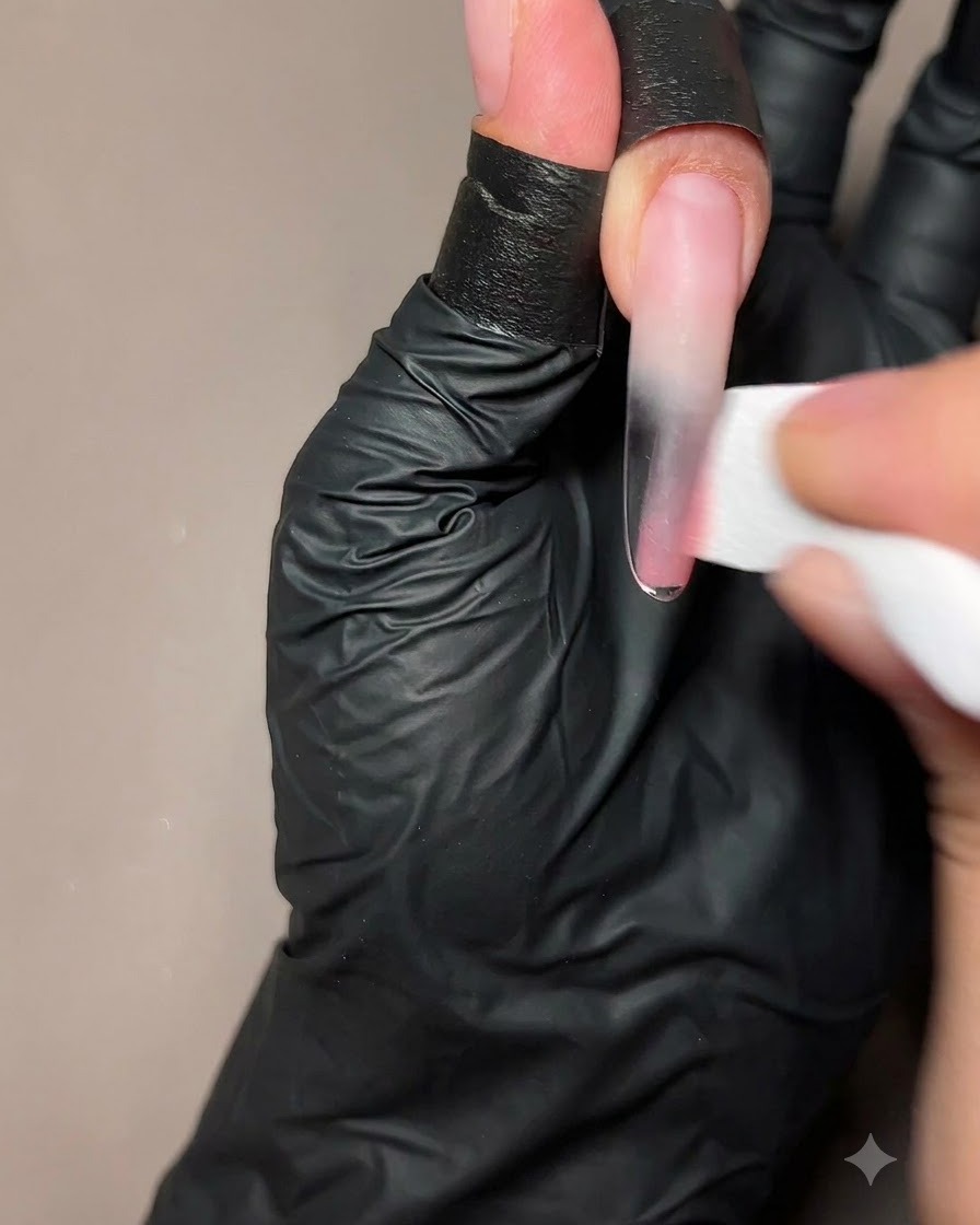 Una mano usando una esponja de maquillaje para aplicar gel melocotón translúcido en la mitad inferior de una extensión de uña larga.