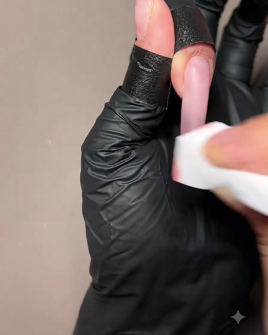 Una mano limpiando el borde libre de una extensión de uña con una toallita limpiadora.