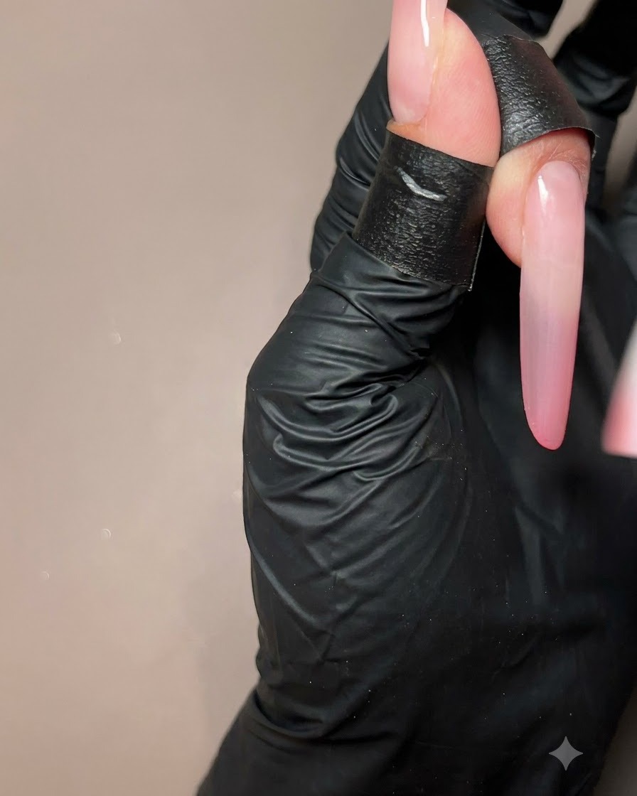 Un dedo con guante mostrando una capa de ombré degradado melocotón aplicada en una extensión de uña larga.