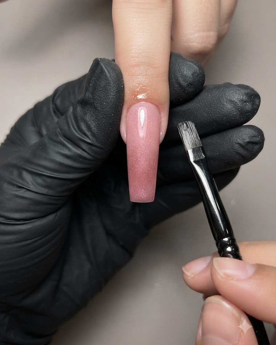 Una herramienta magnética sostenida cerca de una uña manicurada para dar forma a los pigmentos de gel ojo de gato.