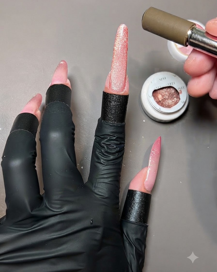 Un imán dando forma al reflejo de ojo de gato en una mano con múltiples extensiones de uñas terminadas.