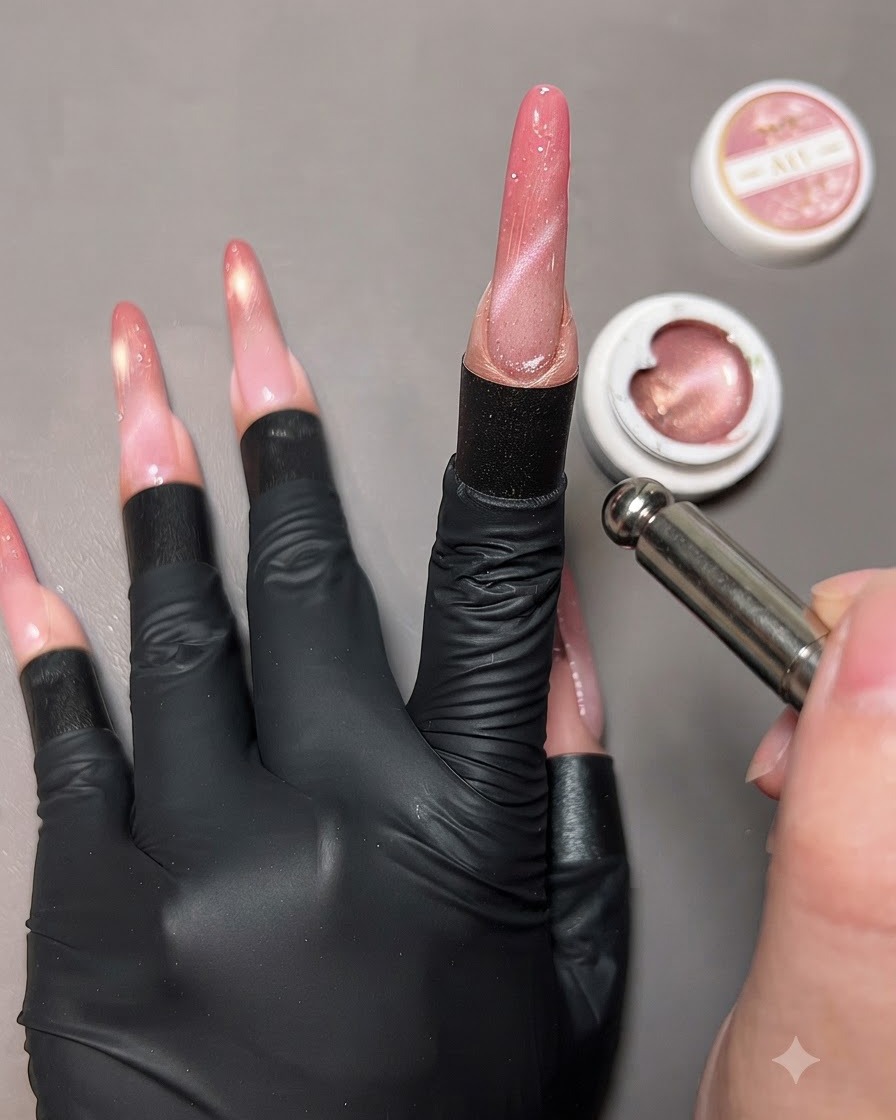 Una herramienta magnética sostenida cerca de una mano con uñas de gel ojo de gato terminadas, rodeada de frascos de gel abiertos.