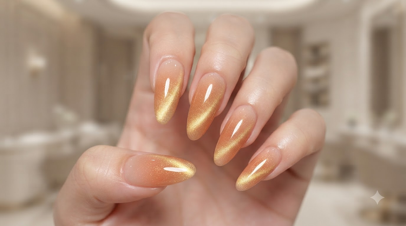Uñas de Gel Ombré Melocotón y Ojo de Gato Dorado: Tutorial Paso a Paso