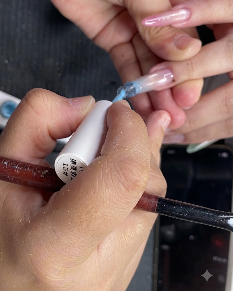 Imagen en primer plano de esmalte en gel amarillo translúcido aplicado en la mitad superior de una uña anular.