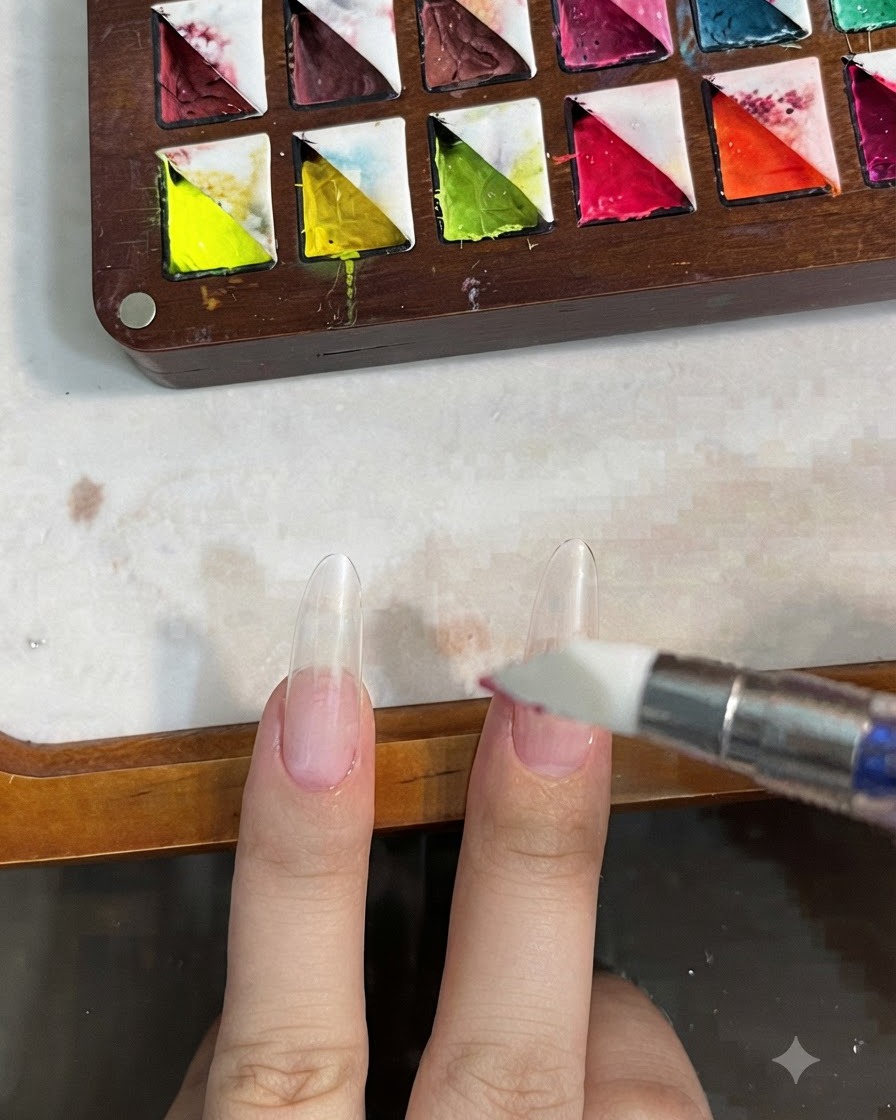 Un pincel de silicona para uñas aplicando gel base sobre la placa ungueal natural.