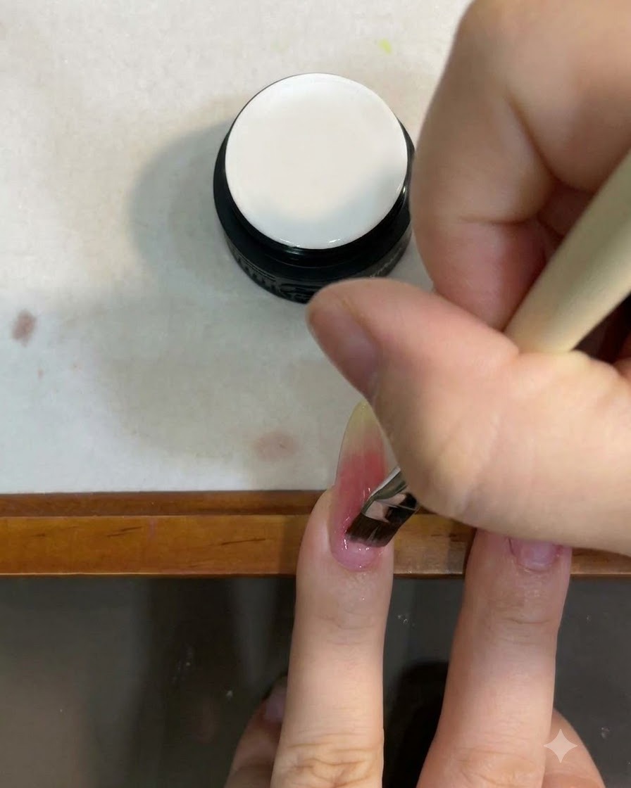 Un pincel aplicando una capa de gel ojo de gato blanco lechoso sobre una uña degradada.