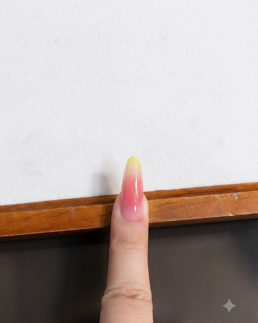 Un dedo con manicura colocado bajo una lámpara de uñas para curar la capa de ojo de gato.