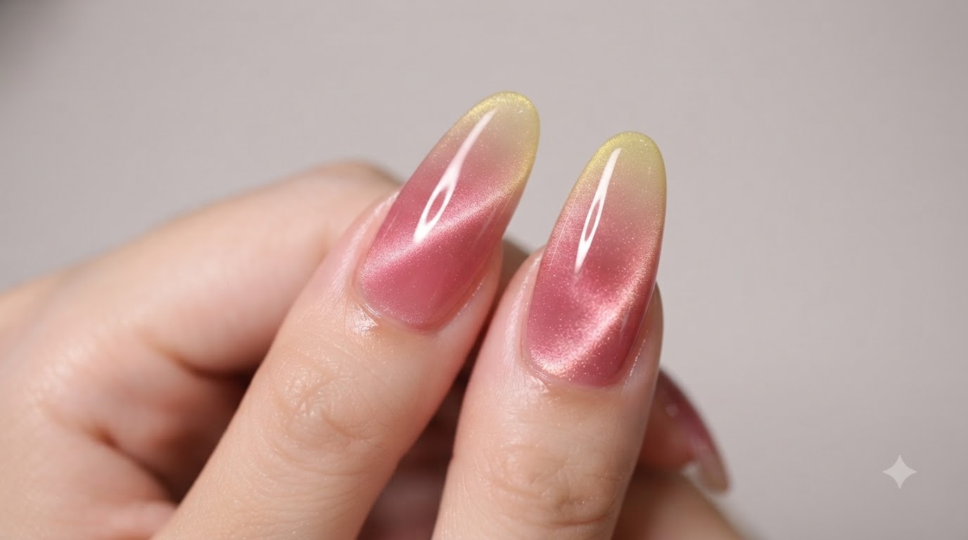 Uñas con Efecto Ojo de Gato y Degradado Mango Pomelo Sago — Tutorial de Arte Translúcido