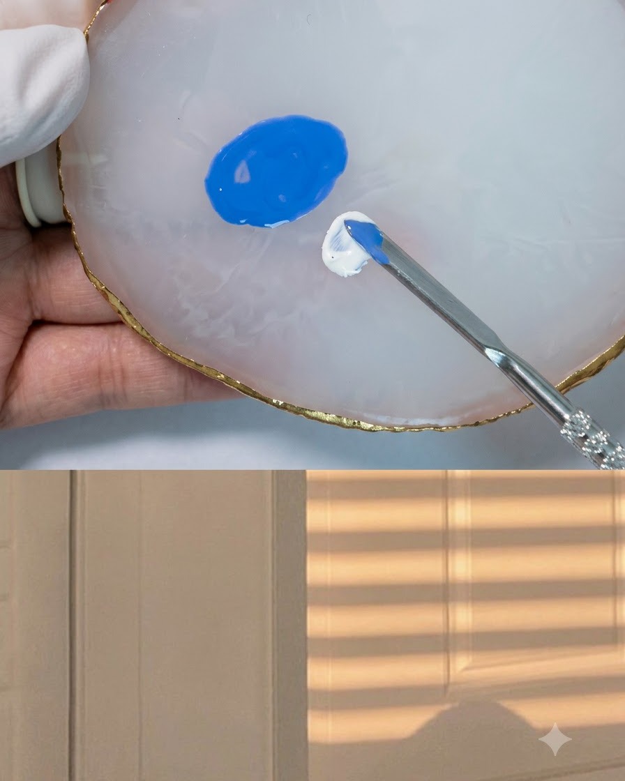 Una herramienta de mezcla combinando gel blanco fresco en un charco de esmalte azul sobre una paleta.