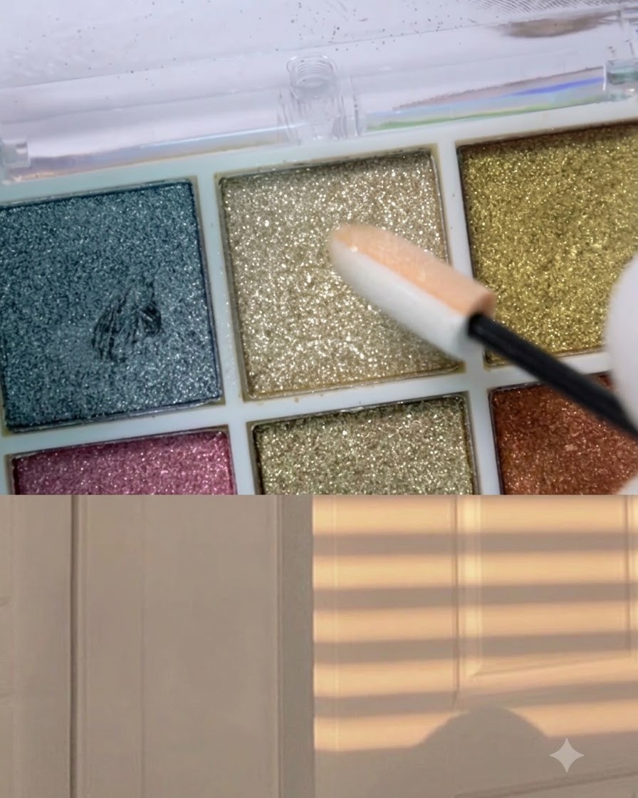 Un aplicador de sombra de ojos tomando polvo de cromo oro champán de una paleta de maquillaje.
