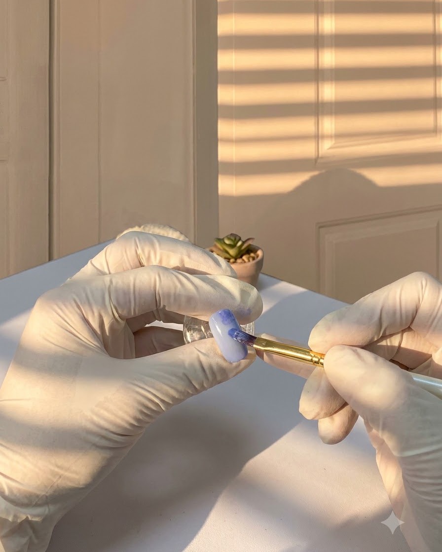 Un pincel de detalle aplicando pigmento azul oscuro en el gel blooming húmedo sobre una uña.